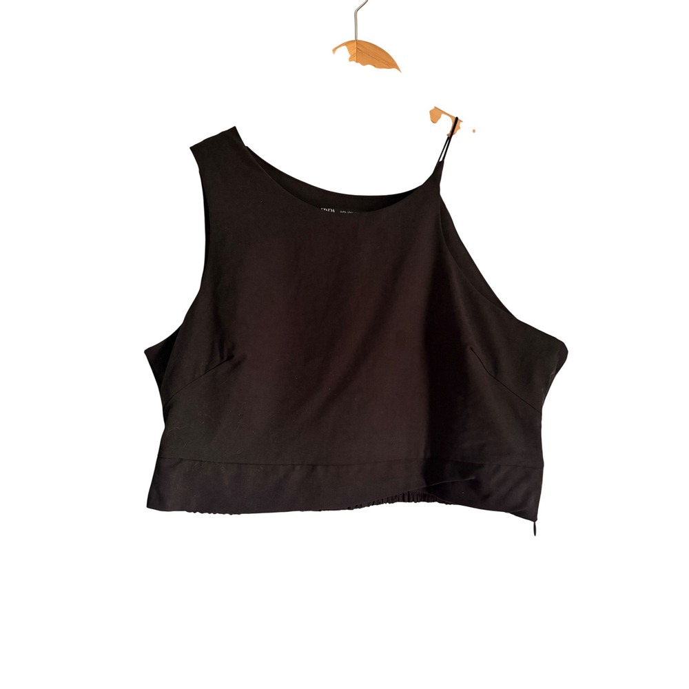 Zara Womens Black Asymmetrical One Shoulder Smocked Hem Crop Top Size Large